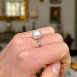 Antique, Edwardian Pearl and Diamond Ring, worn on closed hand.