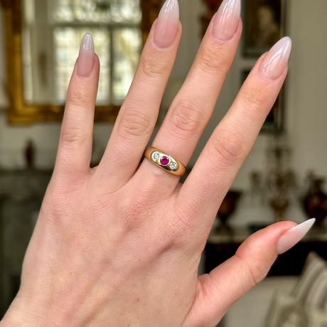 Antique, Edwardian Ruby and Diamond Gypsy Ring, worn on hand.