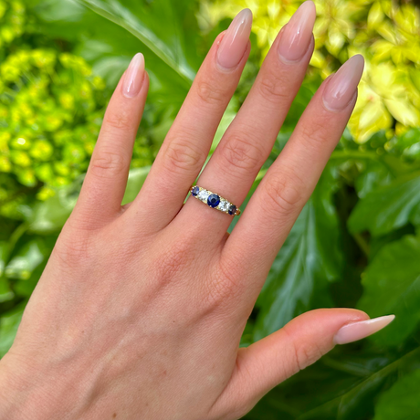 Antique, Edwardian Sapphire and Diamond Five-Stone Ring, 18ct Yellow Gold worn on hand.