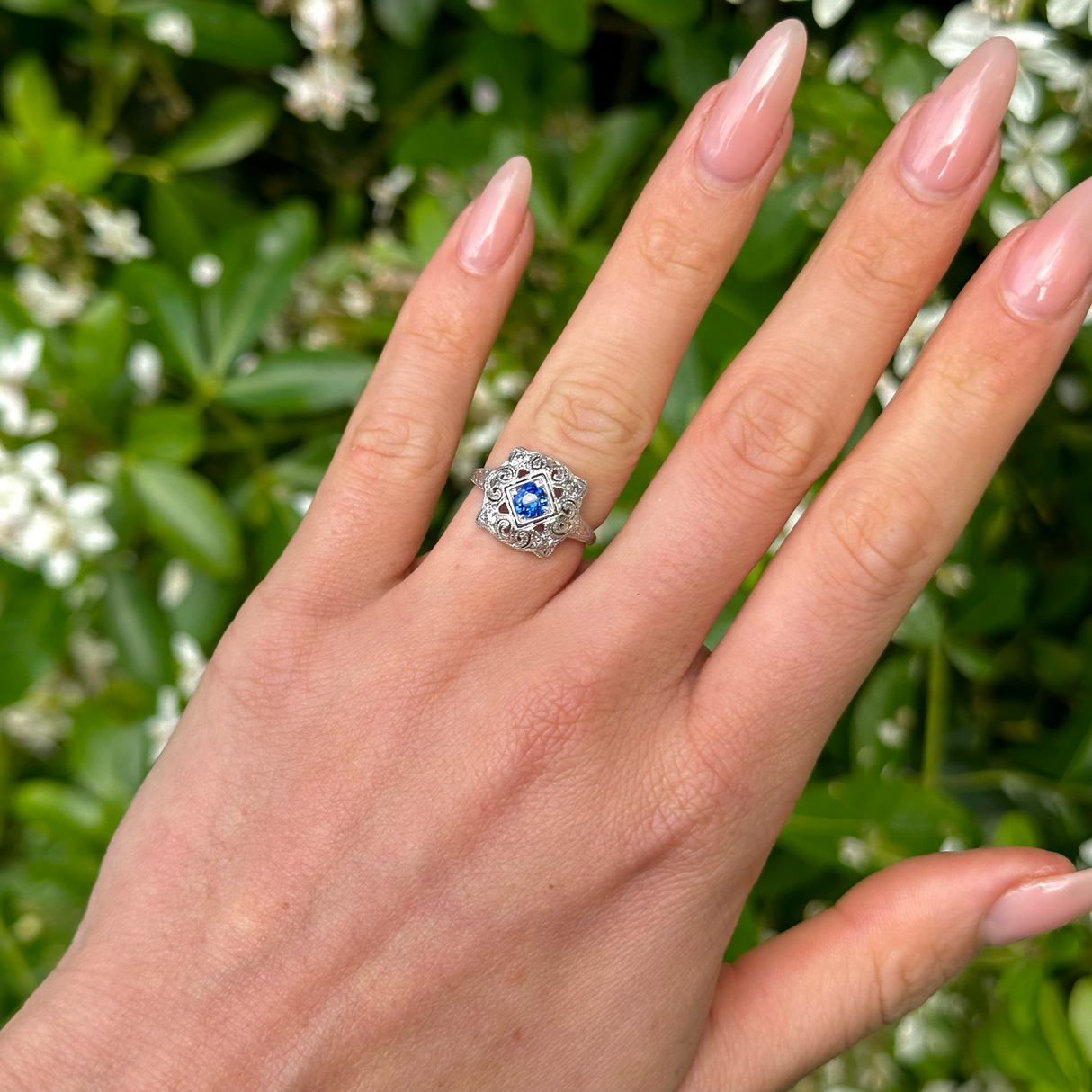 Antique, Edwardian Sapphire and Diamond Ring, Platinum worn on hand.