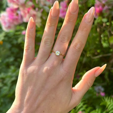 Antique, Edwardian Solitaire Diamond Engagement Ring, 18ct Yellow Gold and Platinum worn on hand. 