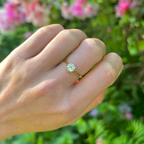 Antique, Edwardian Solitaire Diamond Engagement Ring, 18ct Yellow Gold and Platinum worn on hand.