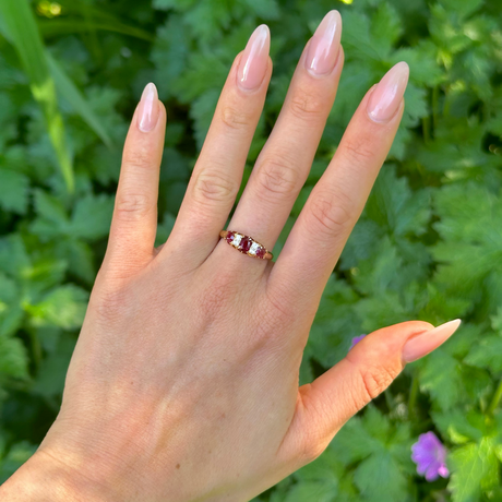 Antique, Edwardian Three-Stone Ruby and Diamond Ring, 18ct Yellow Gold worn on hand.