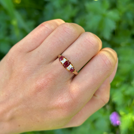 Antique, Edwardian Three-Stone Ruby and Diamond Ring, 18ct Yellow Gold worn on hand.