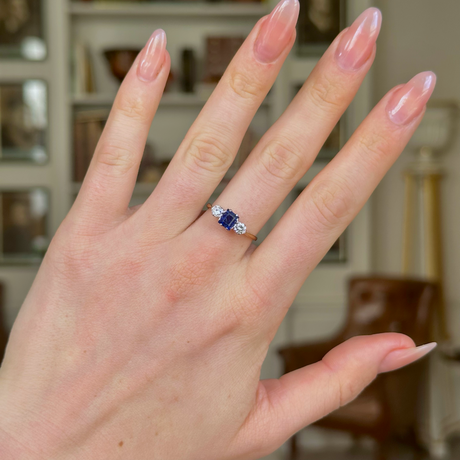 Antique, Edwardian Sapphire and Diamond Three-Stone Engagement Ring, 18ct Yellow Gold and Platinum worn on hand.