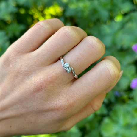 Antique, Edwardian Toi et Moi Diamond Engagement Ring, 18ct White Gold worn on hand.