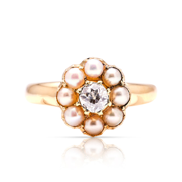 Antique, Edwardian diamond and pearl cluster ring front view