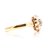 Antique, Edwardian diamond and pearl cluster ring side view