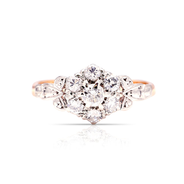 Antique, Edwardian diamond cluster engagement ring & Platinum front view