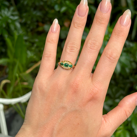 Antique, Edwardian emerald & diamond engagement ring, 18ct yellow gold