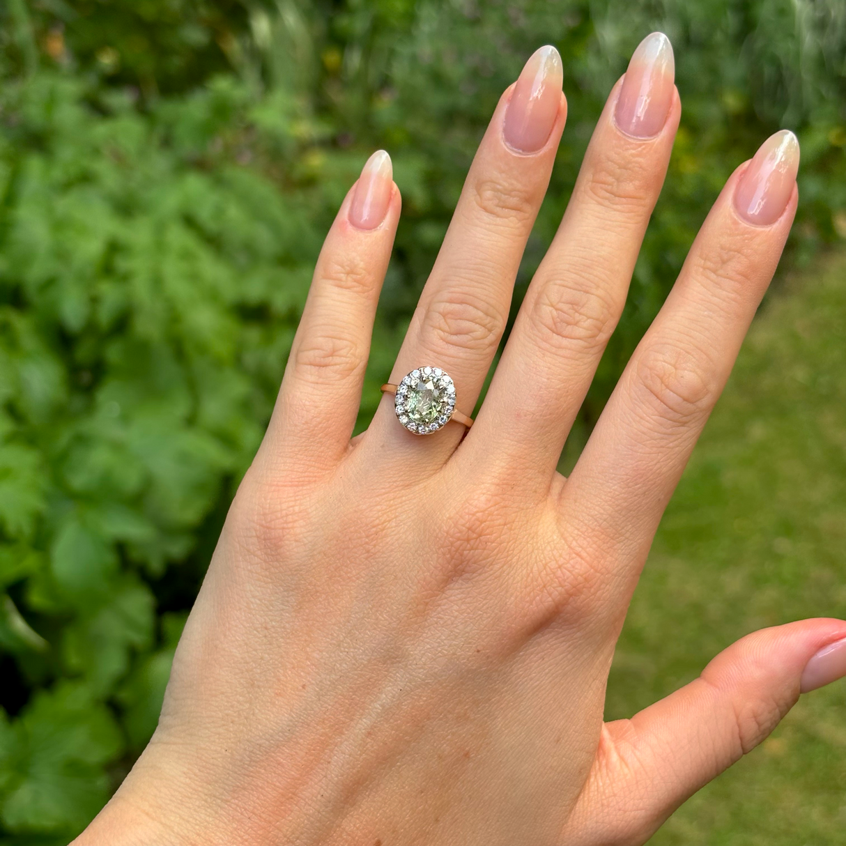 Antique, Edwardian green sapphire and diamond cluster ring, 18ct yellow gold and platinum