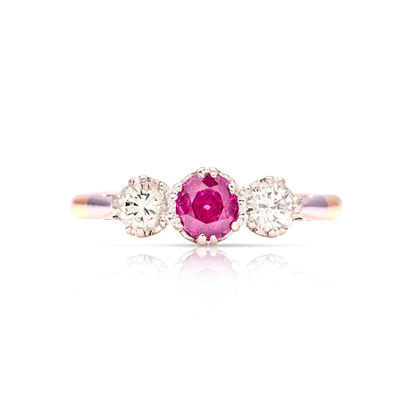 Antique, Edwardian ruby & diamond three-stone ring front