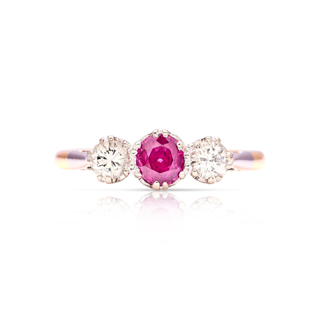 Antique, Edwardian ruby & diamond three-stone ring front