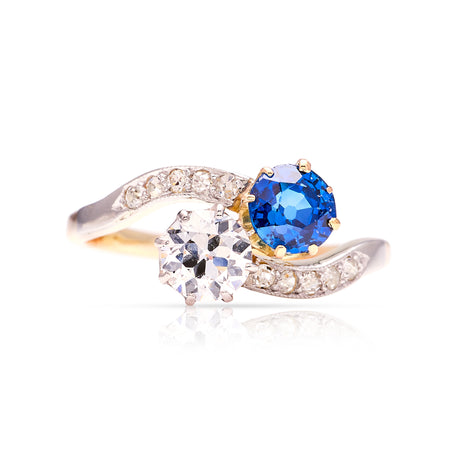 Antique, Edwardian sapphire & diamond toi et moi ring front view