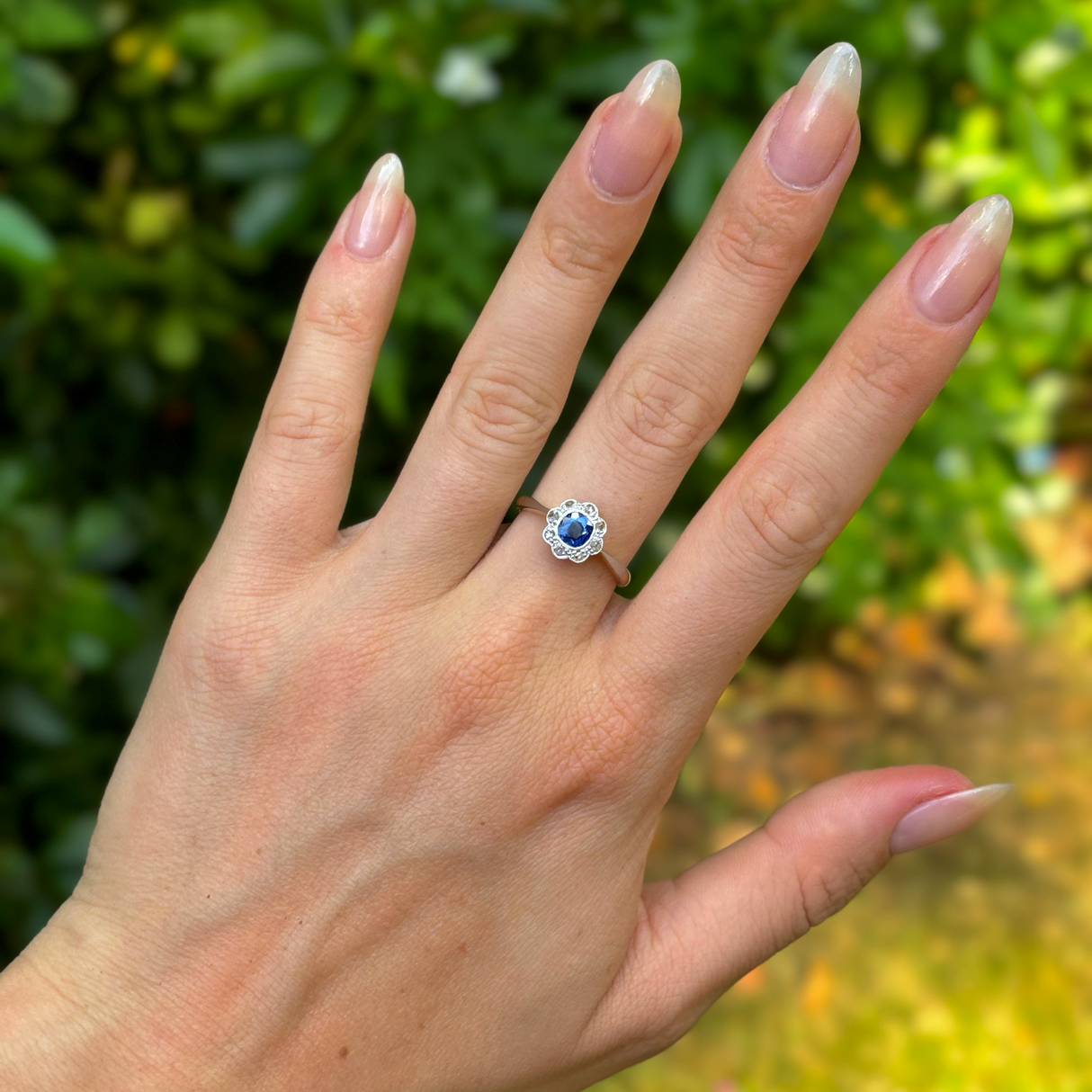 Antique, Edwardian sapphire and diamond cluster ring, 18ct yellow gold and platinum