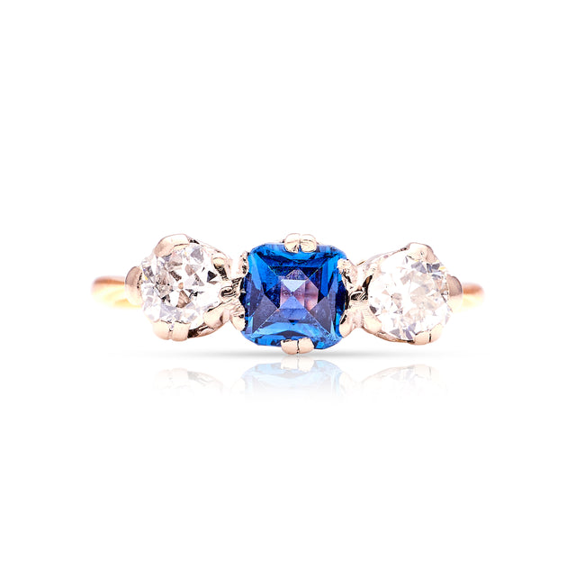 Antique, Edwardian sapphire and diamond three-stone engagement ring front view