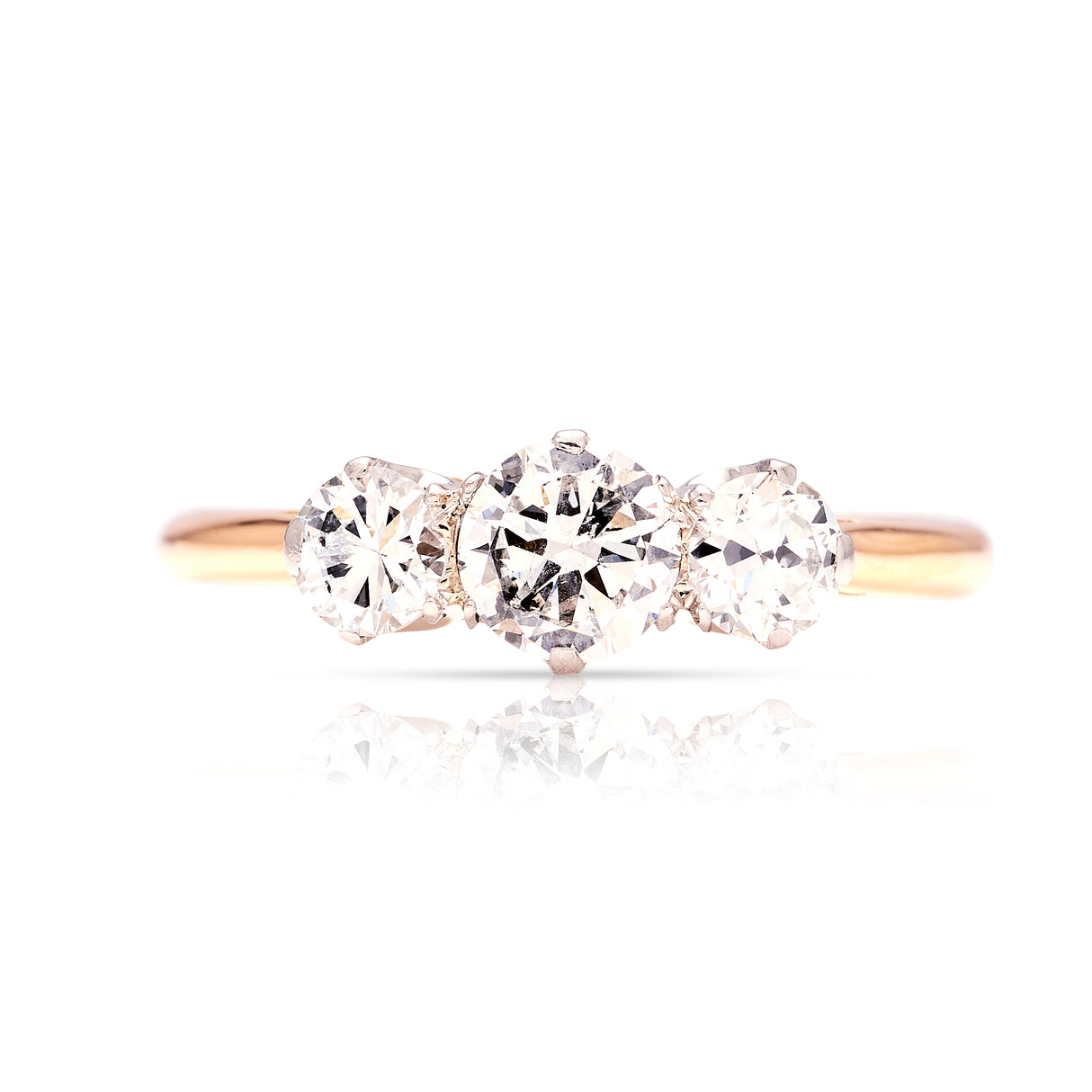 Antique, Edwardian three-stone diamond ring front view