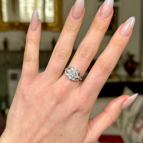 Antique, Georgian Diamond Cluster Ring, worn on hand.