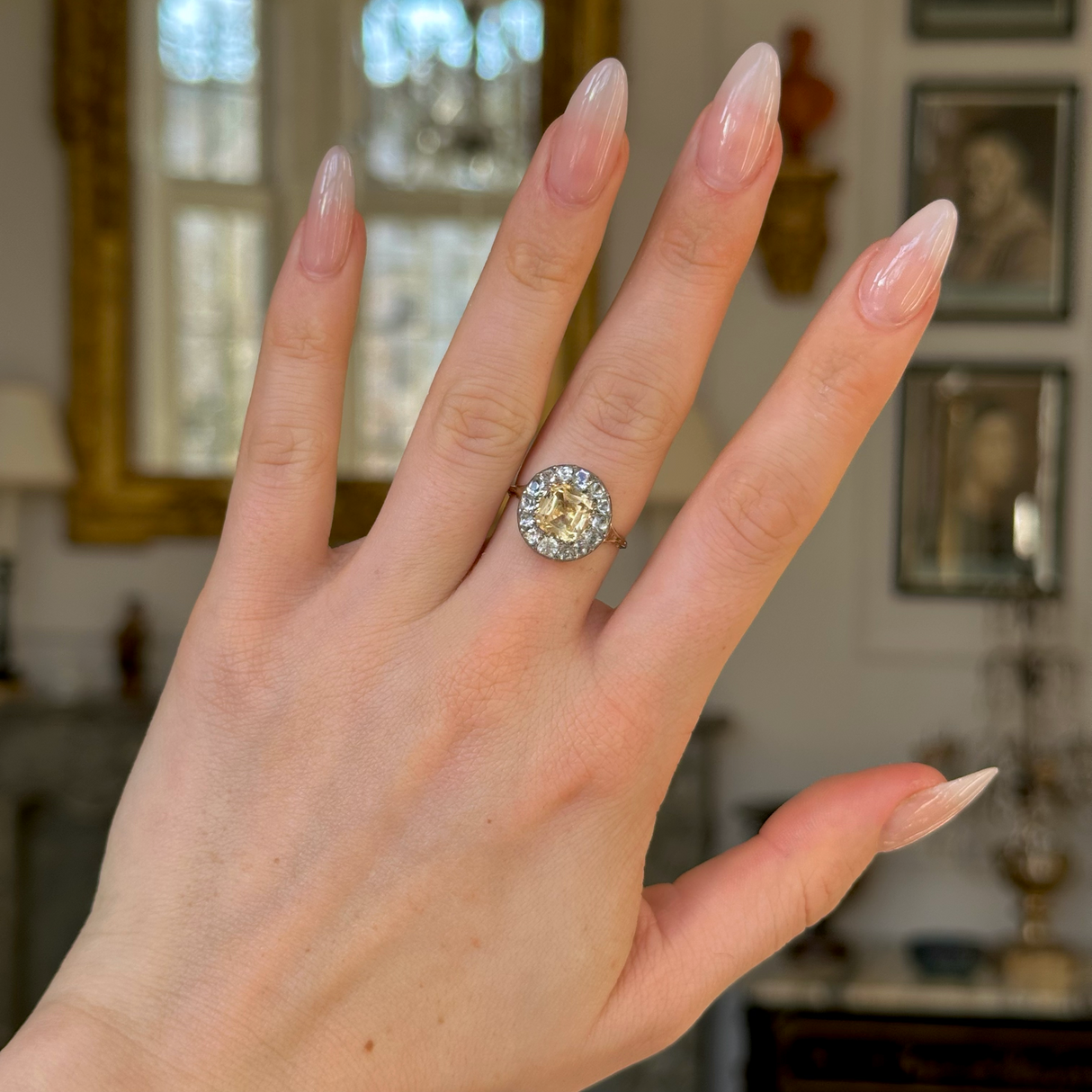 Antique, Georgian Yellow and White Topaz Cluster Ring, 18ct Yellow Gold worn on hand