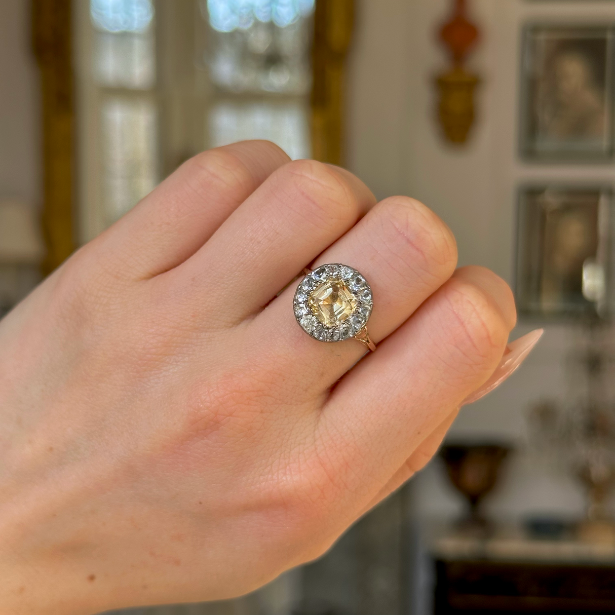 Antique, Georgian Yellow and White Topaz Cluster Ring, 18ct Yellow Gold worn on closed hand.