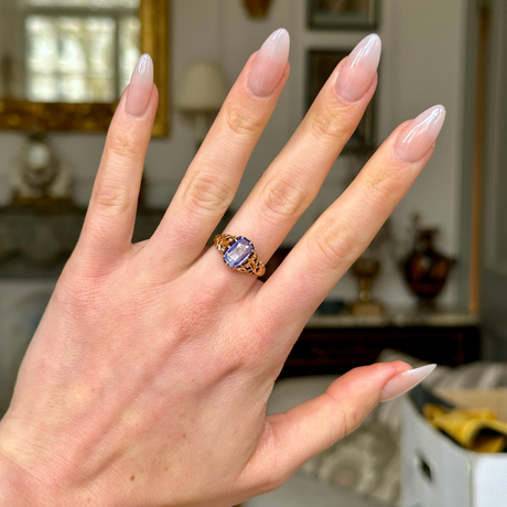 Antique, Victorian Ceylon Sapphire Ring, worn on hand. 