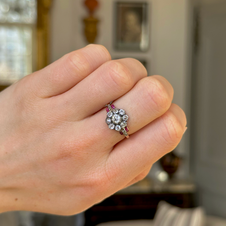 Antique, Victorian Diamond and Ruby Cluster Ring, Yellow Gold worn on closed hand