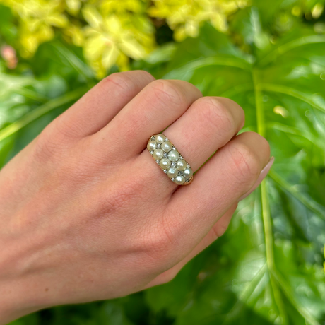 Antique, Victorian Double Row Pearl & Diamond Ring, 15ct Yellow Gold worn on hand. 