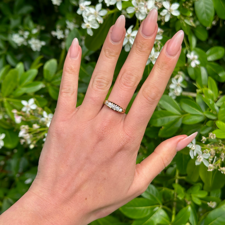 Antique, Victorian Five-Stone Diamond Engagement Ring, 18ct Yellow Gold worn on hand.