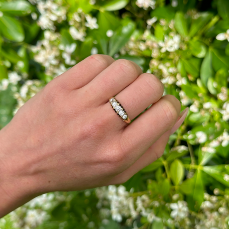 Antique, Victorian Five-Stone Diamond Engagement Ring, 18ct Yellow Gold worn on hand.