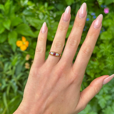 Antique, Victorian Five Stone Ruby and Diamond Ring, 18ct Yellow Gold worn on hand. 