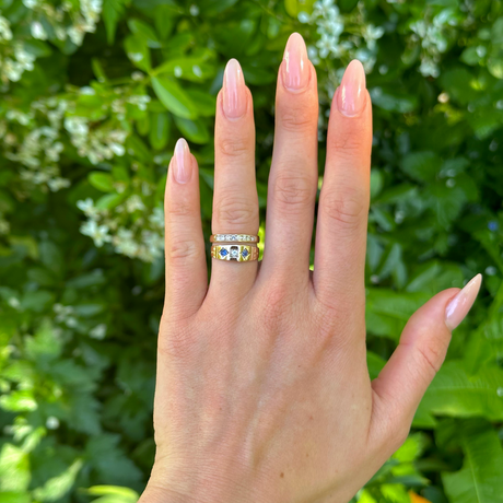 Antique, Victorian Sapphire and Diamond Three-Stone Ring, 15ct Yellow Gold worn on hand.