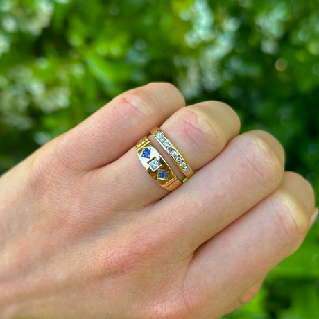 Antique, Victorian Sapphire and Diamond Three-Stone Ring, 15ct Yellow Gold worn on hand.