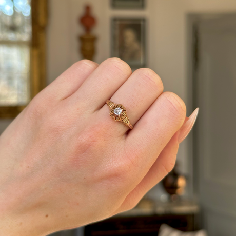 Antique, Victorian, Solitaire Diamond Engagement Ring, 18ct Yellow Gold worn on closed hand. 