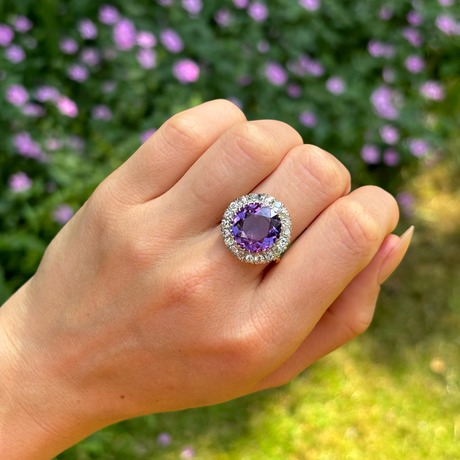 Antique, Victorian amethyst and diamond cluster cocktail ring, 18ct yellow gold