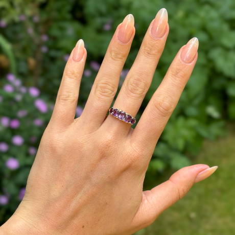 Antique, Victorian amethyst half-hoop ring, 18ct yellow gold worn on hand.