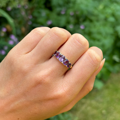 Antique, Victorian amethyst half-hoop ring, 18ct yellow gold worn on hand.