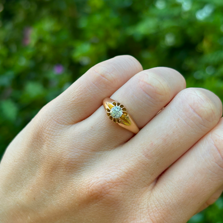 Antique, Victorian diamond solitaire engagement ring, 18ct yellow gold worn on hand