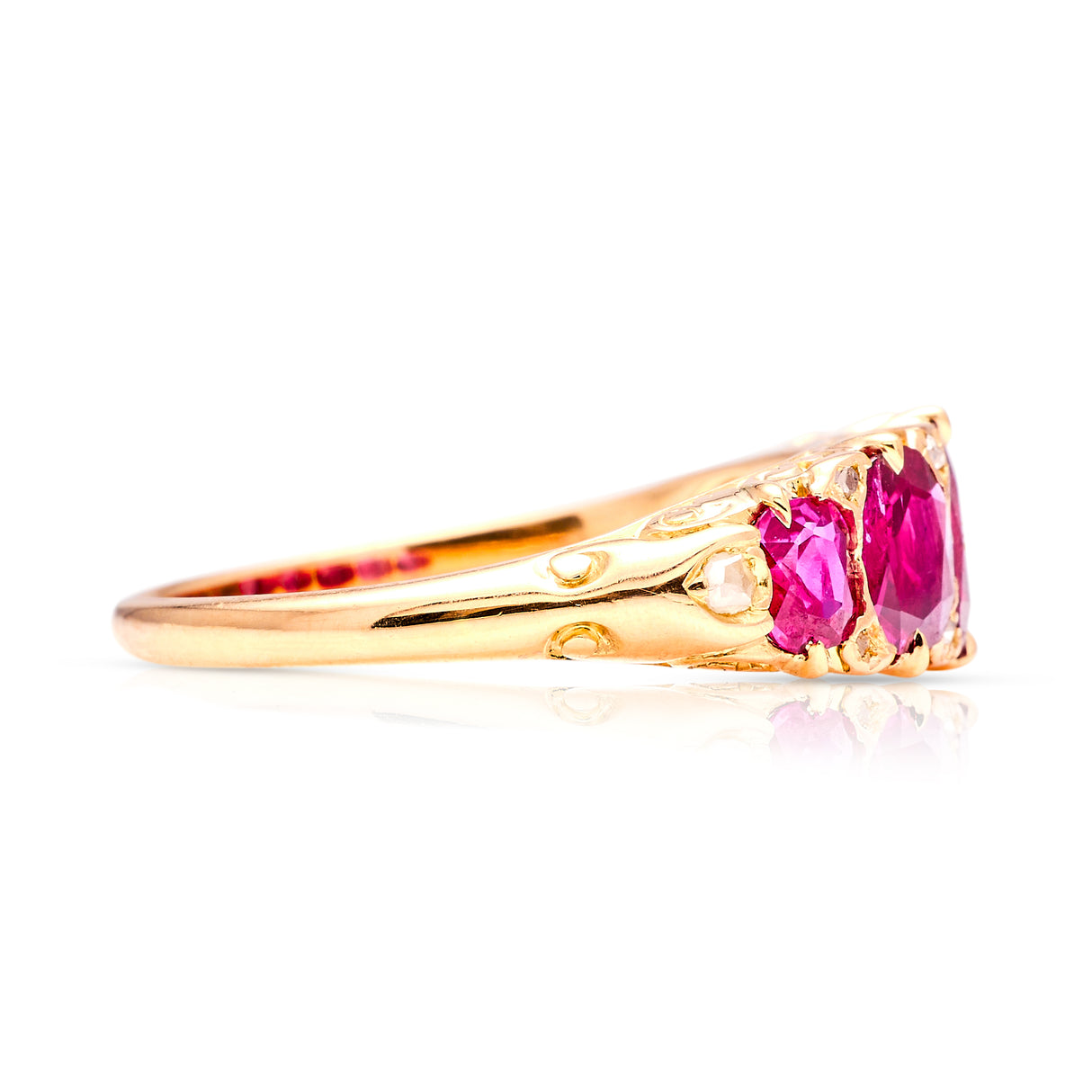 Antique, Victorian five stone ruby ring side view