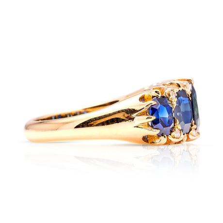 Antique, Victorian five stone sapphire ring side view