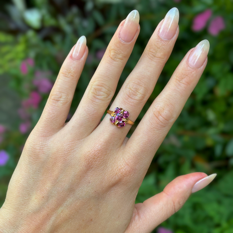 Antique, Victorian garnet five-stone ring, 18ct yellow gold worn on hand.