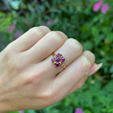 Antique, Victorian garnet five-stone ring, 18ct yellow gold worn on closed hand. 