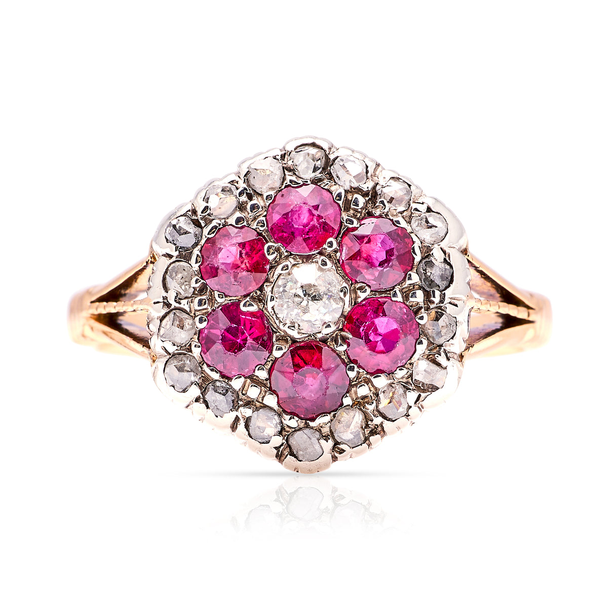 Antique, Victorian ruby & diamond cluster ring front view