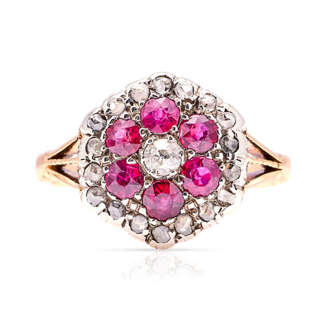 Antique, Victorian ruby & diamond cluster ring front view