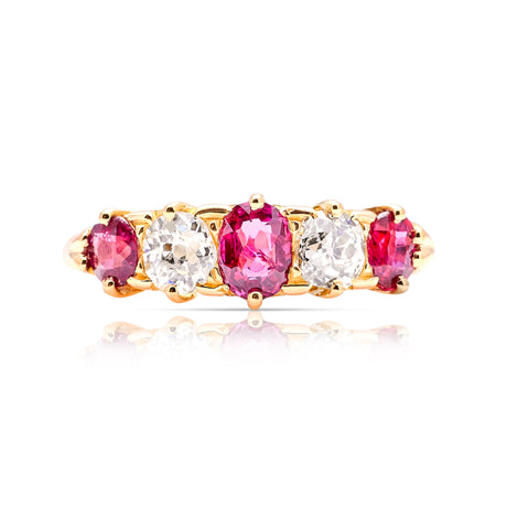 Antique, Victorian ruby & diamond five-stone ring front view