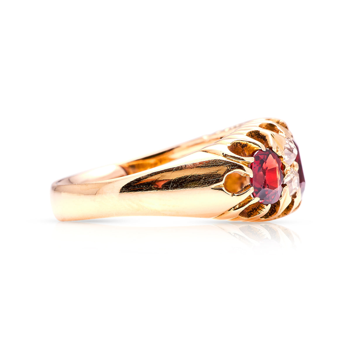 Antique, Victorian ruby & diamond three-stone ring side view