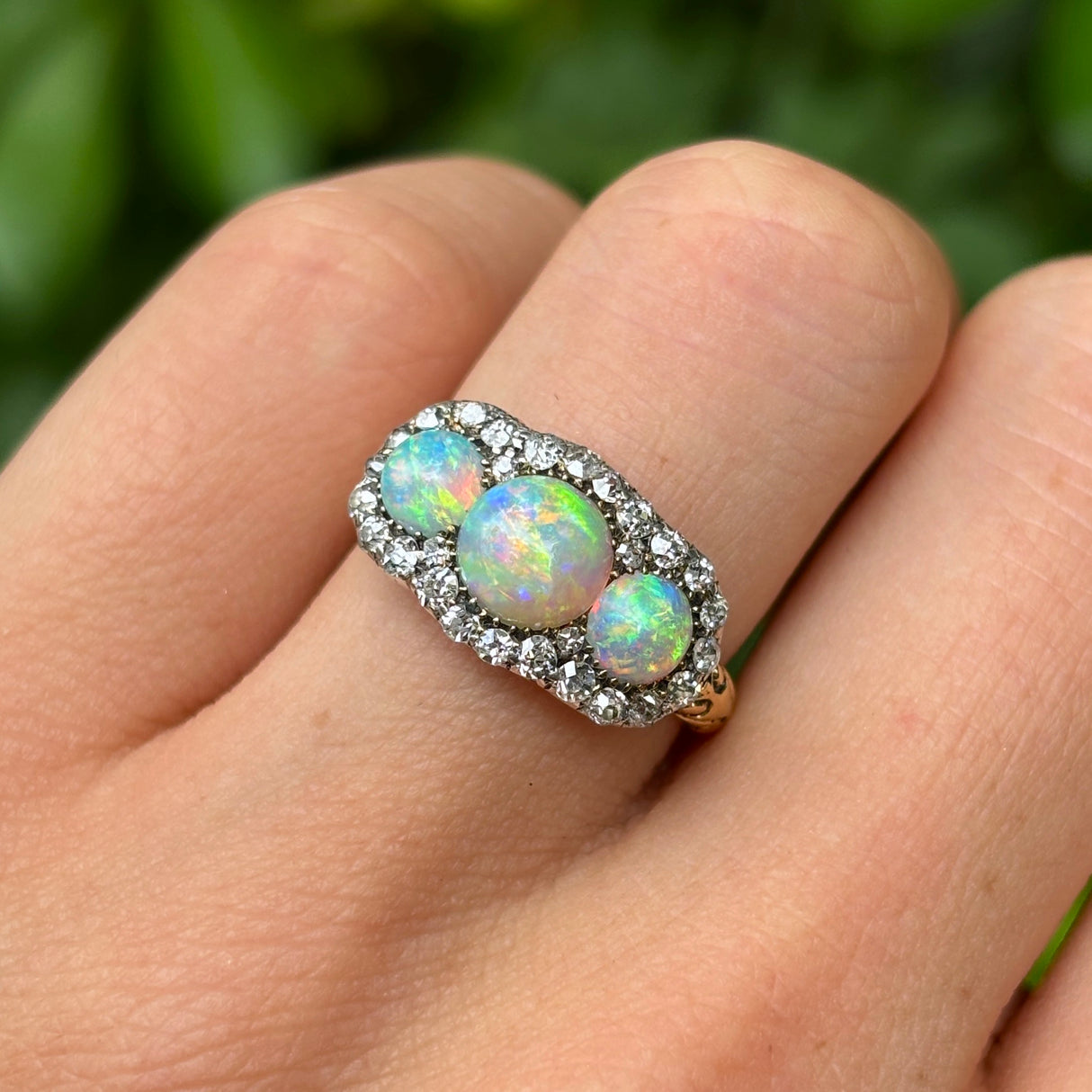 Antique, Victorian three-stone opal & diamond cluster ring worn on hand.