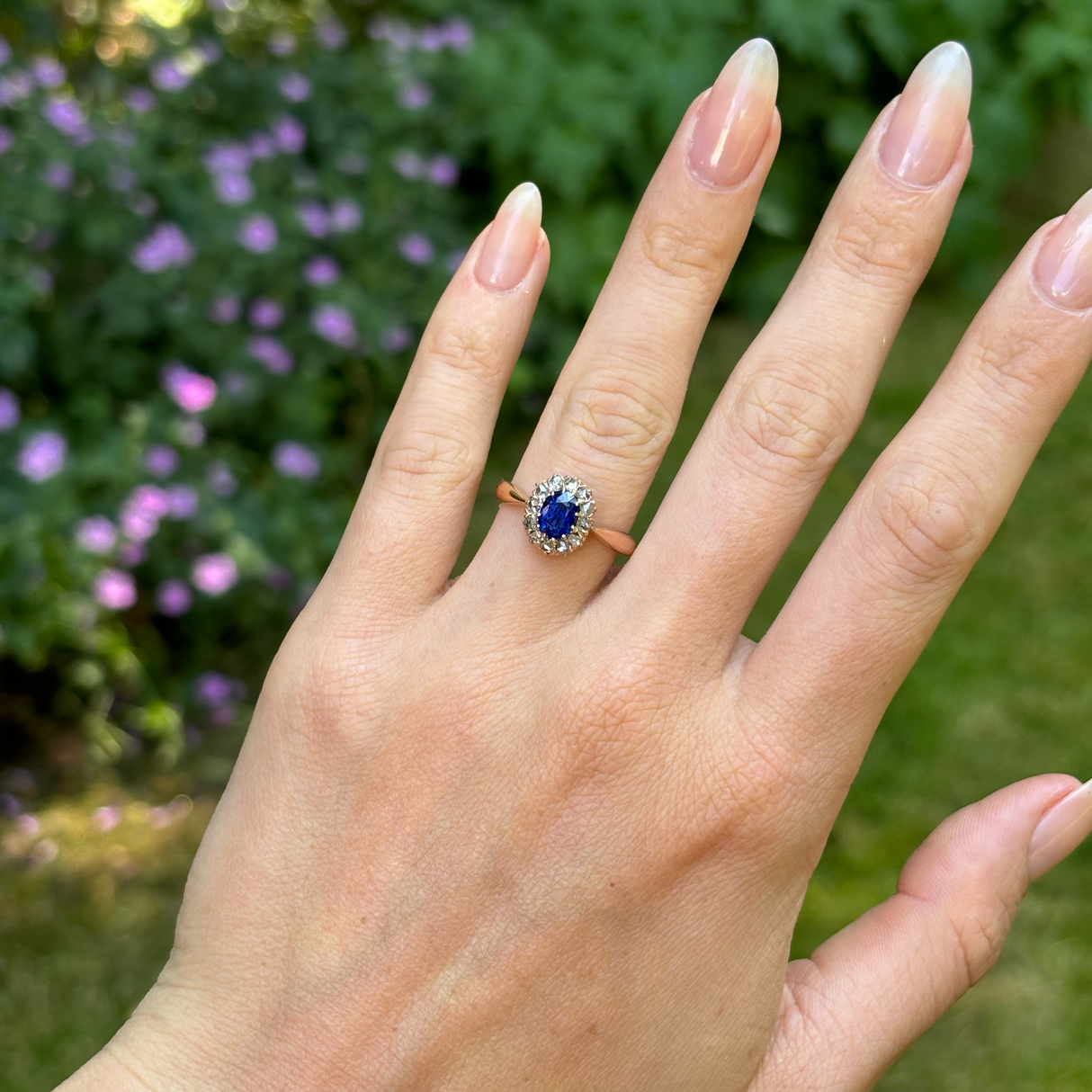 Antique, sapphire & diamond cluster ring, 14ct yellow gold & silver worn on hand.