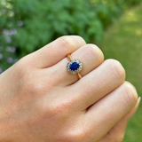 Antique, sapphire & diamond cluster ring, 14ct yellow gold & silver worn on hand