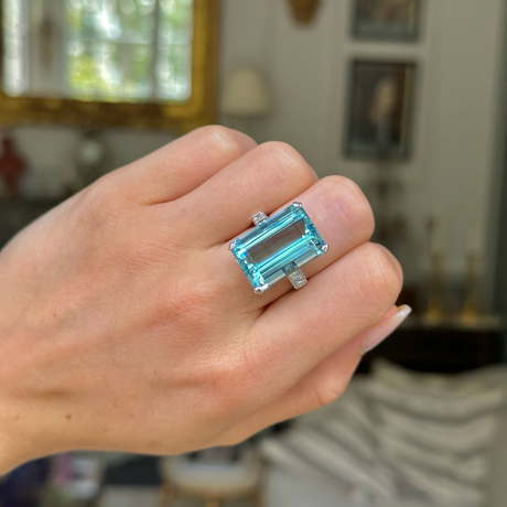 vintage aquamarine and diamond cocktail ring, worn on hand.