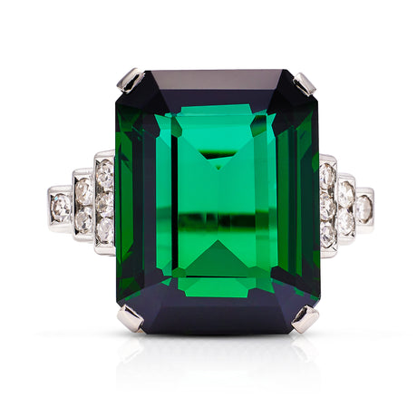 Art Deco Green Chrome Tourmaline and Diamond Ring, Platinum